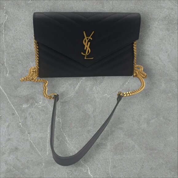 Saint Laurent YSL Dark Grey Pebbled Chevron Cassandre Wallet on Chain - Picture 1 of 7